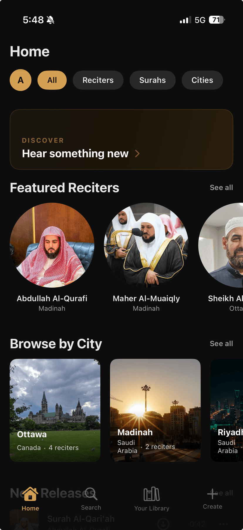 Aswaat home screen showing featured reciters and browse by city